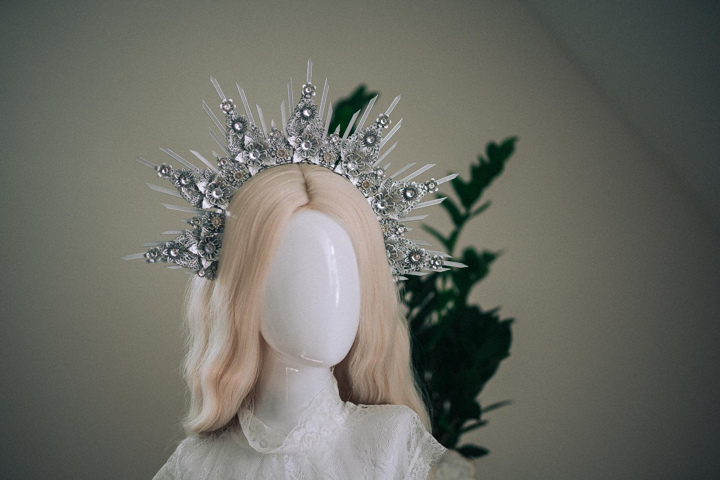 Celestial Silver Halo Crown Bridal Queen Tiara Wedding Headpiece