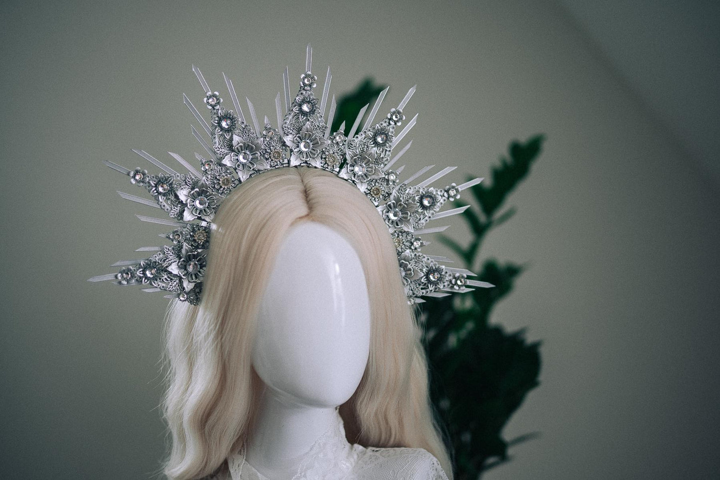 Celestial Silver Halo Crown Bridal Queen Tiara Wedding Headpiece