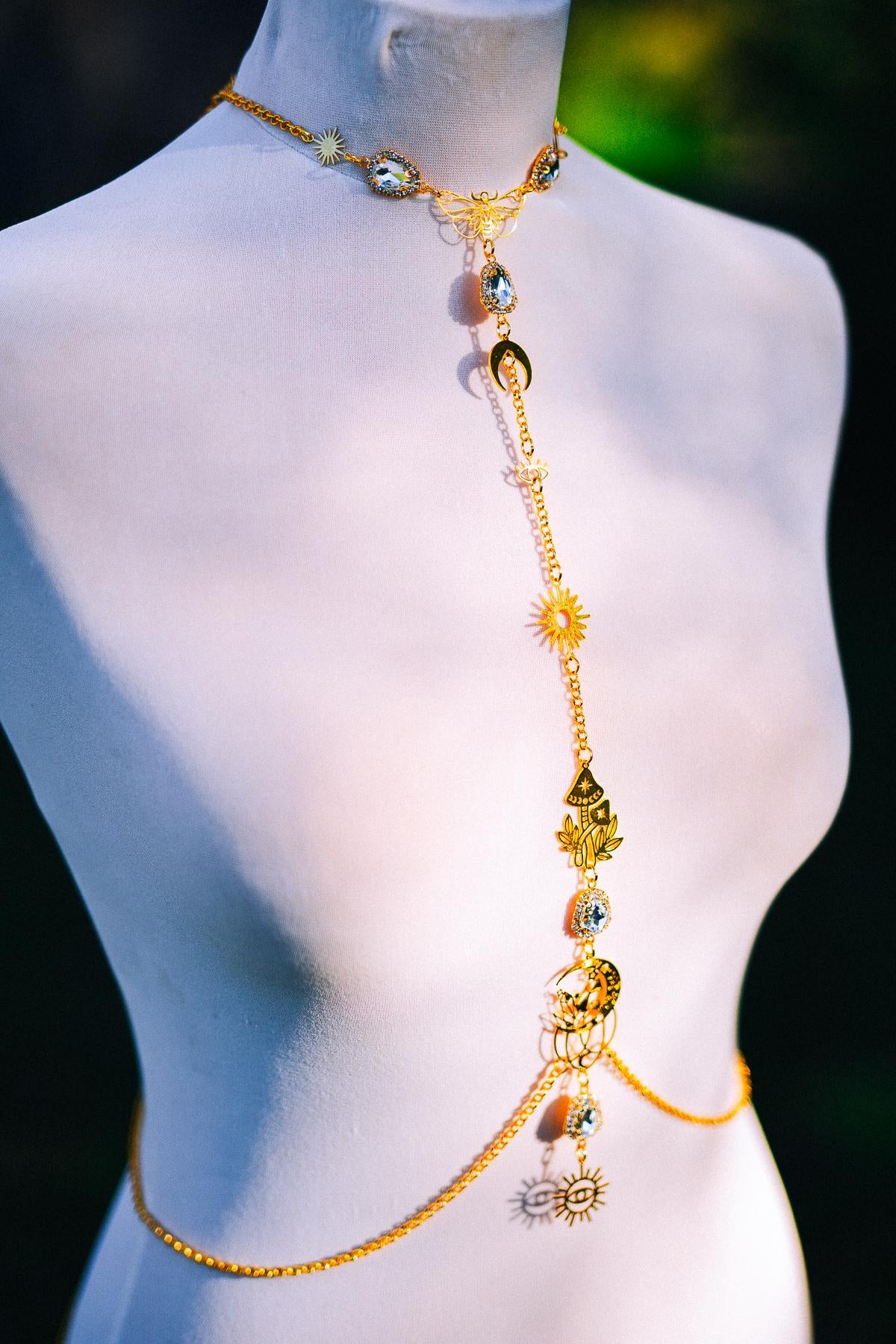 Celestial Goddess Body Chain Harness Gold Festival Jewelry Sun Moon Crystal Harness