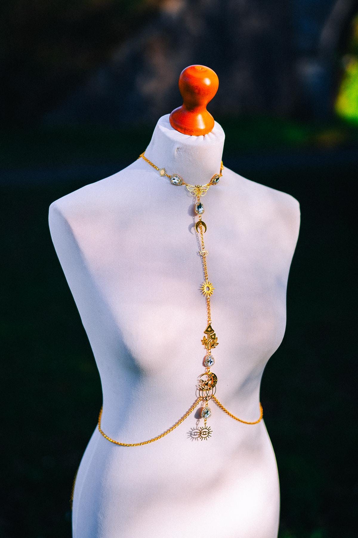 Celestial Goddess Body Chain Harness Gold Festival Jewelry Sun Moon Crystal Harness