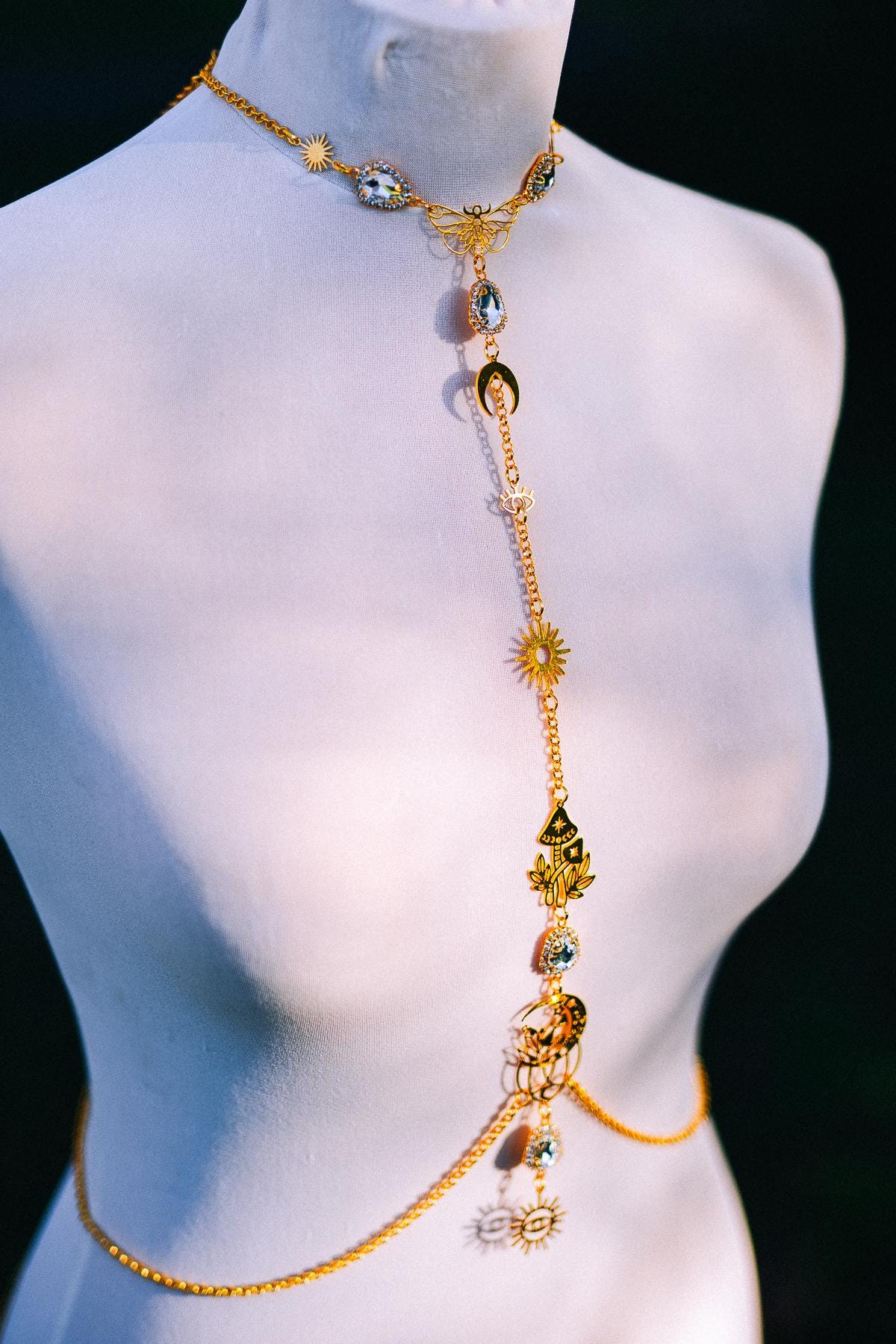 Celestial Goddess Body Chain Harness Gold Festival Jewelry Sun Moon Crystal Harness