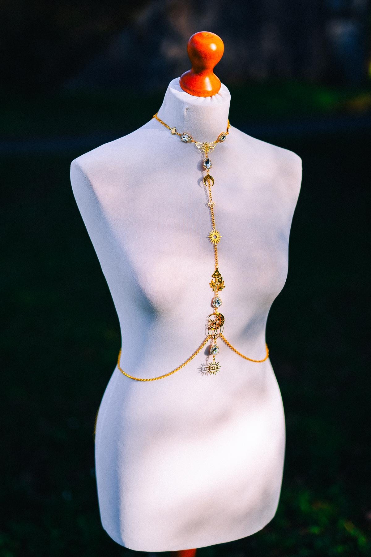 Celestial Goddess Body Chain Harness Gold Festival Jewelry Sun Moon Crystal Harness