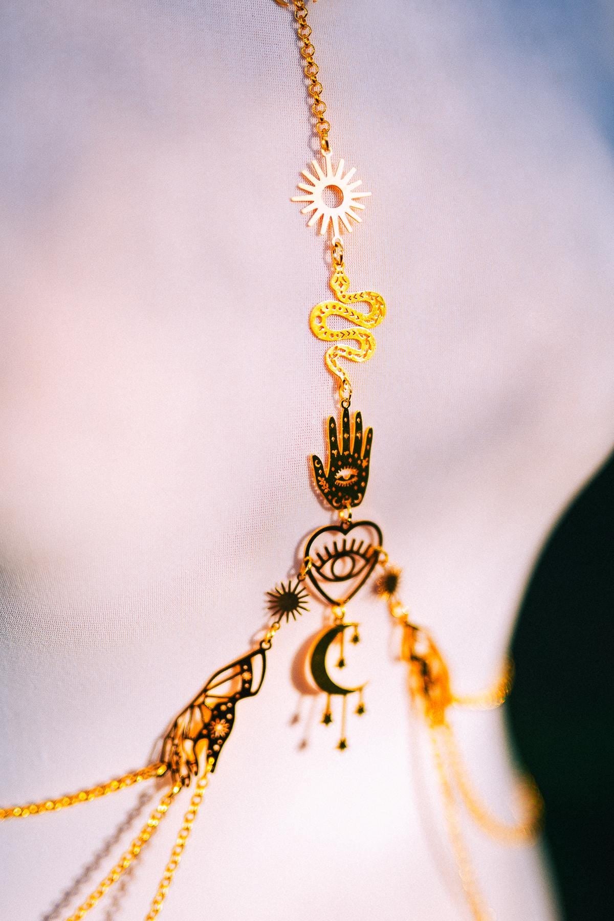 Celestial Goddess Body Harness Gold Festival Jewelry Moon Snake Mystical Body Chain