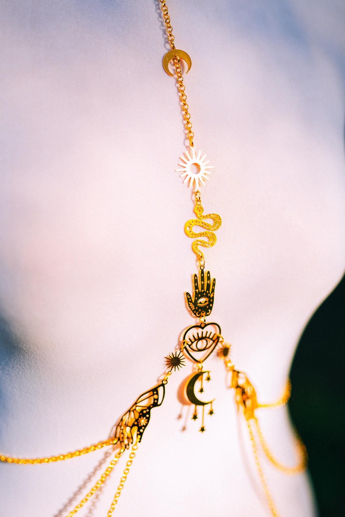 Celestial Goddess Body Harness Gold Festival Jewelry Moon Snake Mystical Body Chain