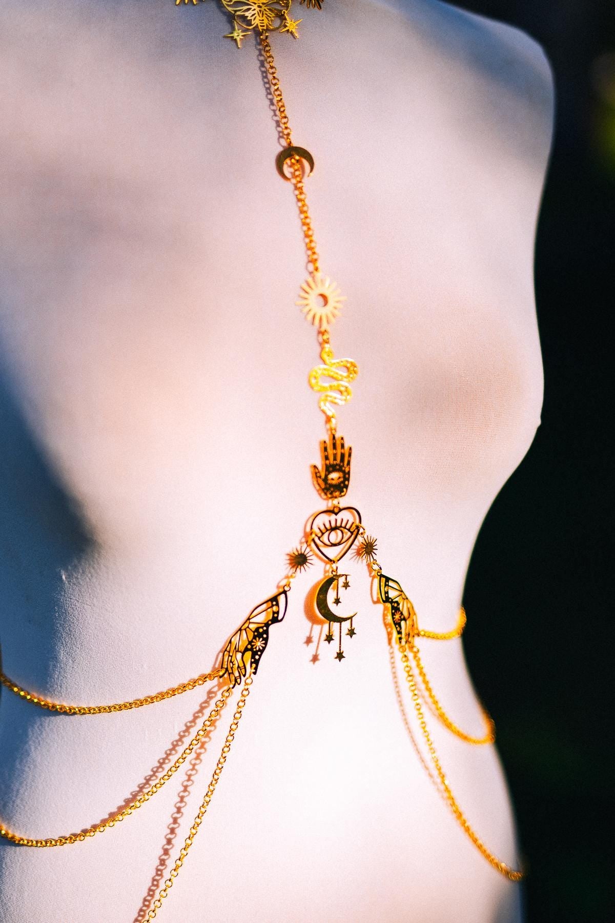 Celestial Goddess Body Harness Gold Festival Jewelry Moon Snake Mystical Body Chain