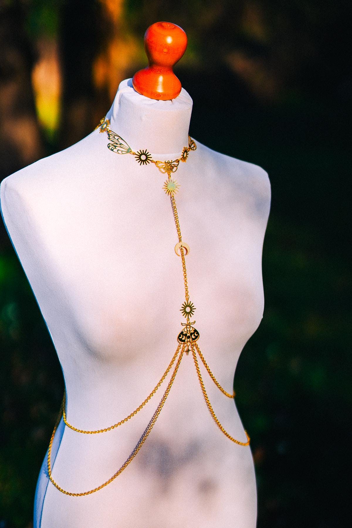 Moon Moth Goddess Body Harness Gold Celestial Festival Jewelry Witchy Body Chain