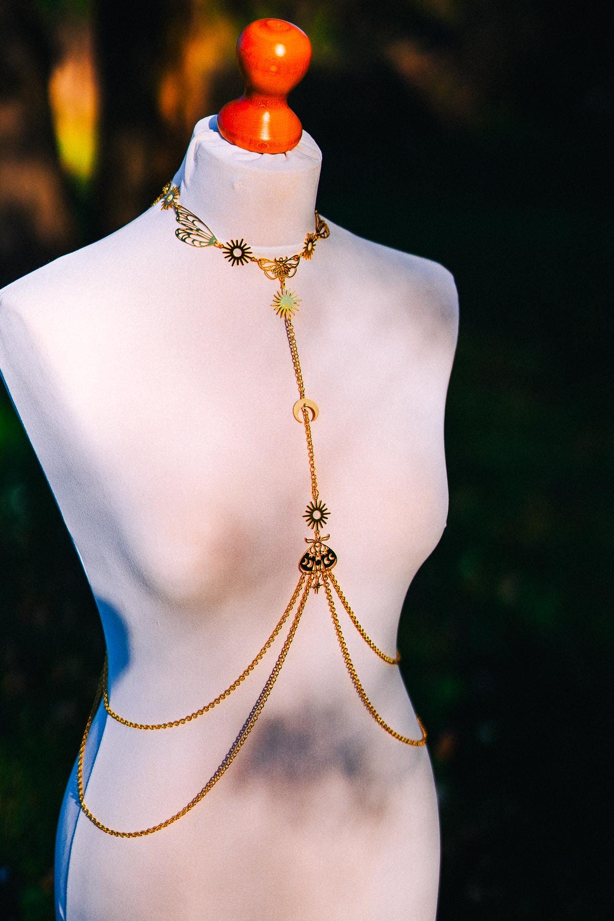 Moon Moth Goddess Body Harness Gold Celestial Festival Jewelry Witchy Body Chain