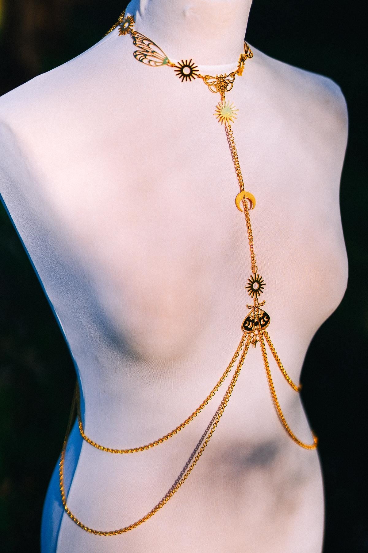 Moon Moth Goddess Body Harness Gold Celestial Festival Jewelry Witchy Body Chain