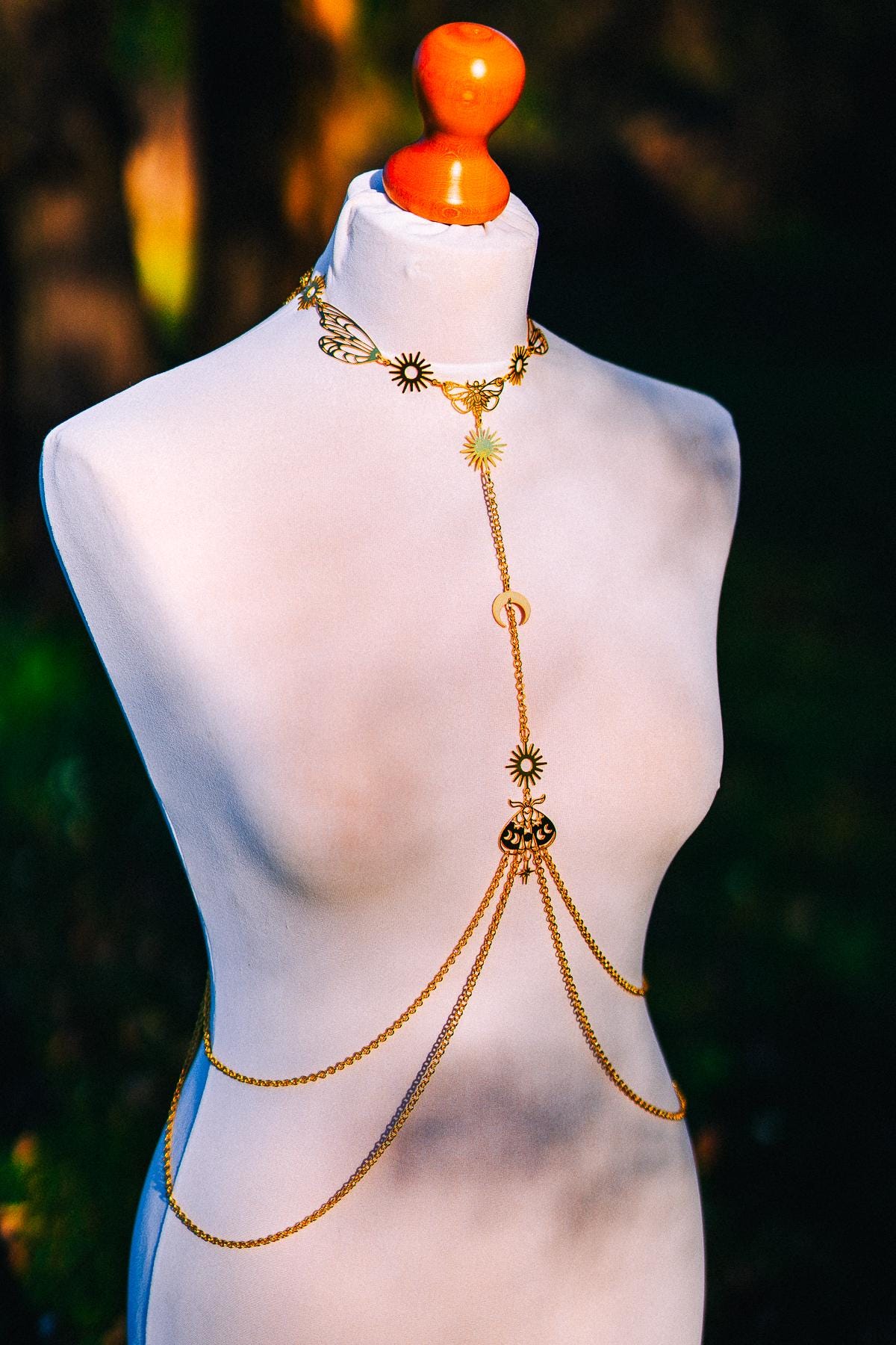 Moon Moth Goddess Body Harness Gold Celestial Festival Jewelry Witchy Body Chain