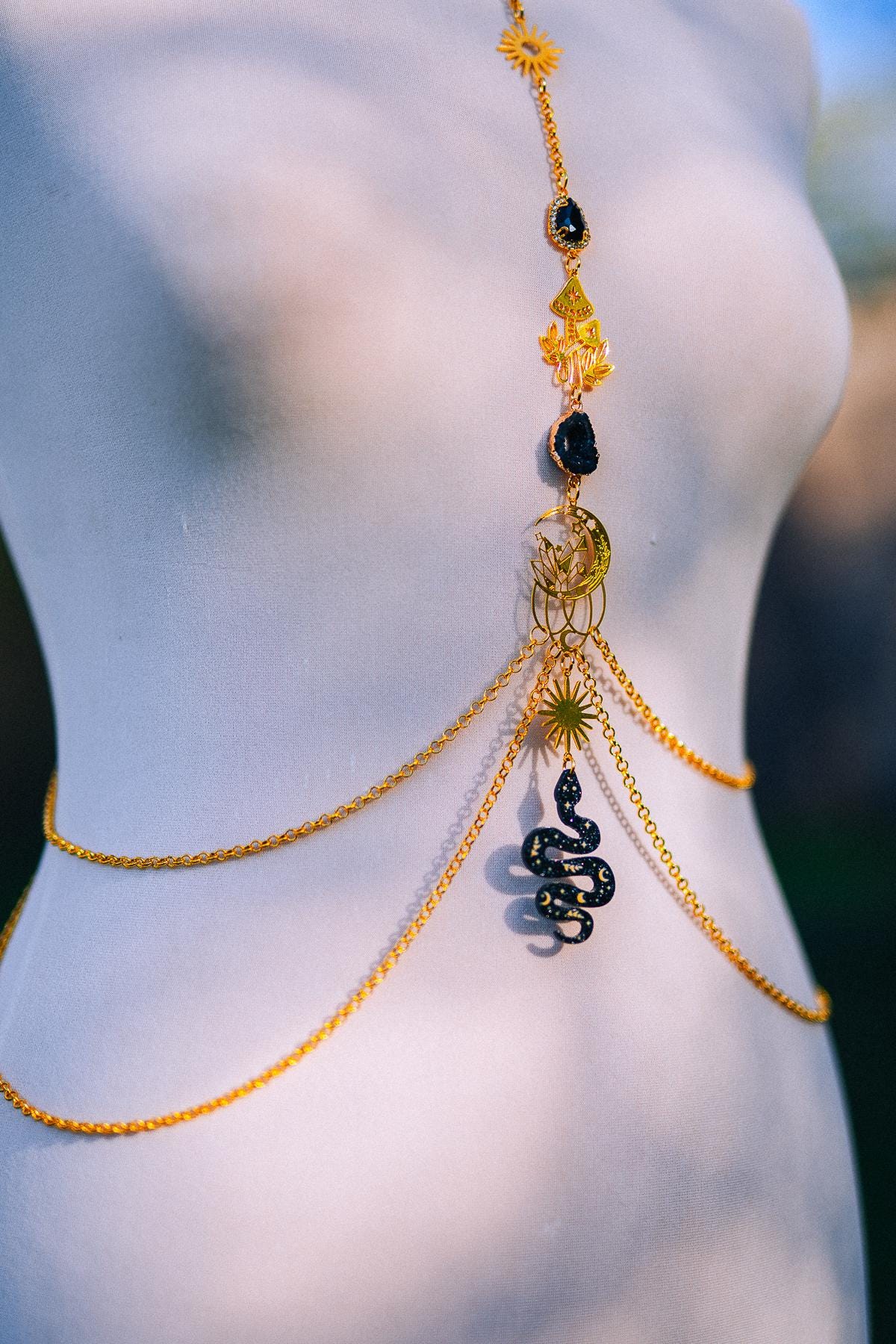 Midnight Moon Goddess Body Harness Gold Celestial Festival Jewelry Witchy Body Chain
