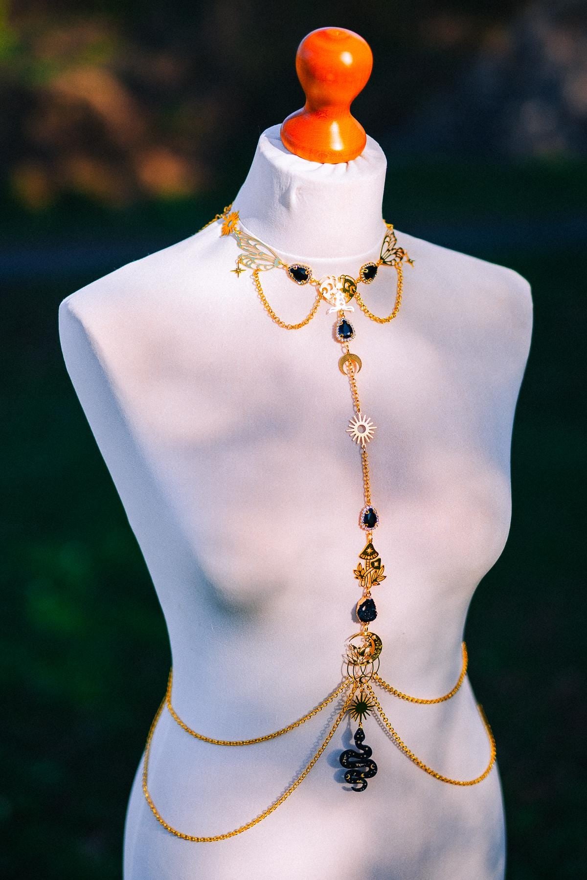 Midnight Moon Goddess Body Harness Gold Celestial Festival Jewelry Witchy Body Chain