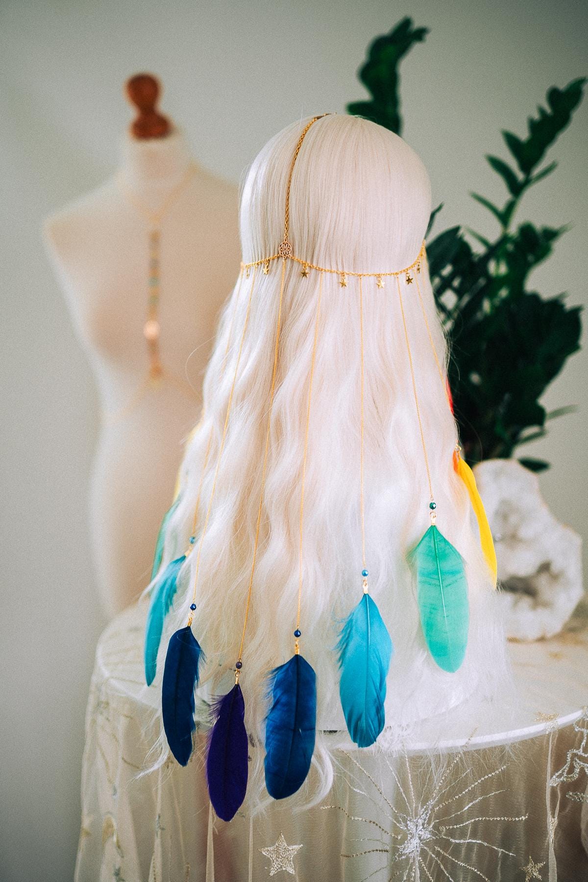 Rainbow Chakra Feather Headpiece Celestial Festival Crown