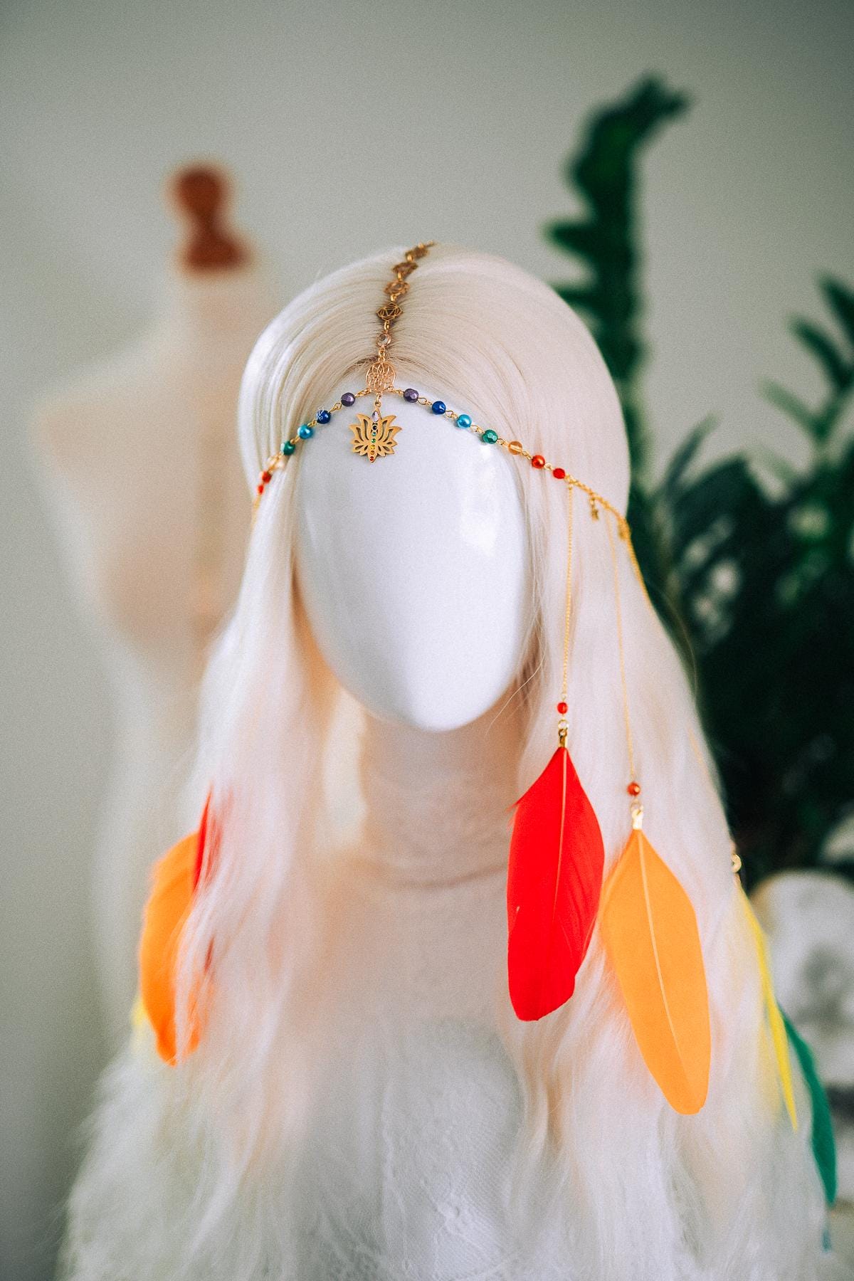 Rainbow Chakra Feather Headpiece Celestial Festival Crown