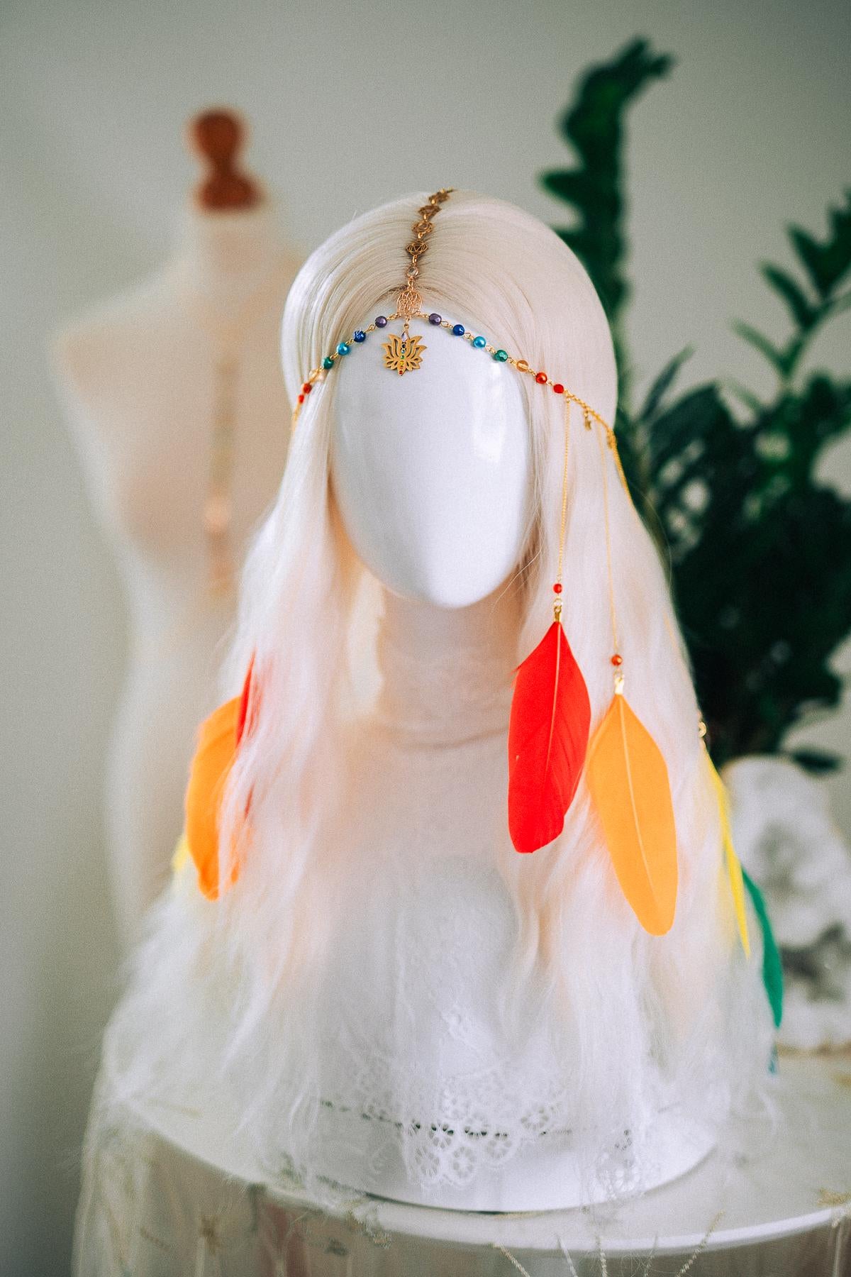 Rainbow Chakra Feather Headpiece Celestial Festival Crown