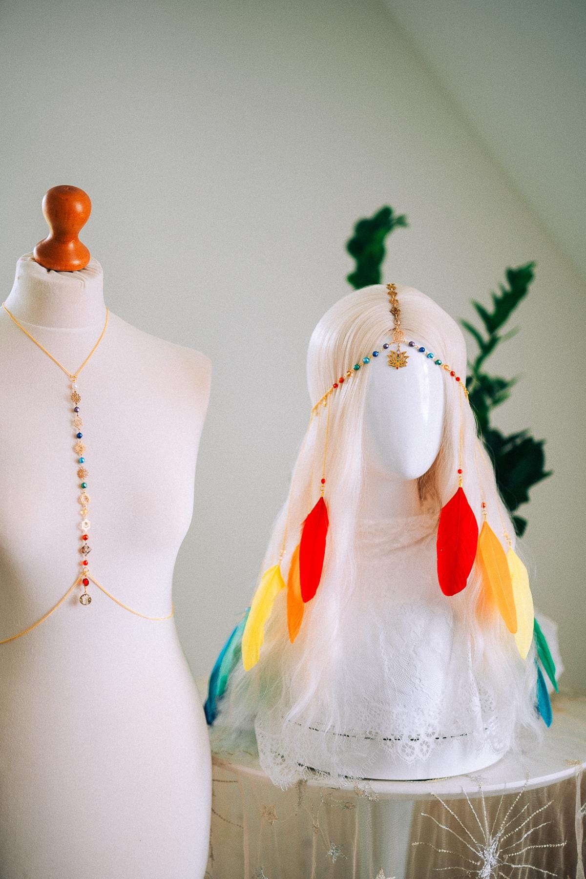 Rainbow Chakra Feather Headpiece Celestial Festival Crown