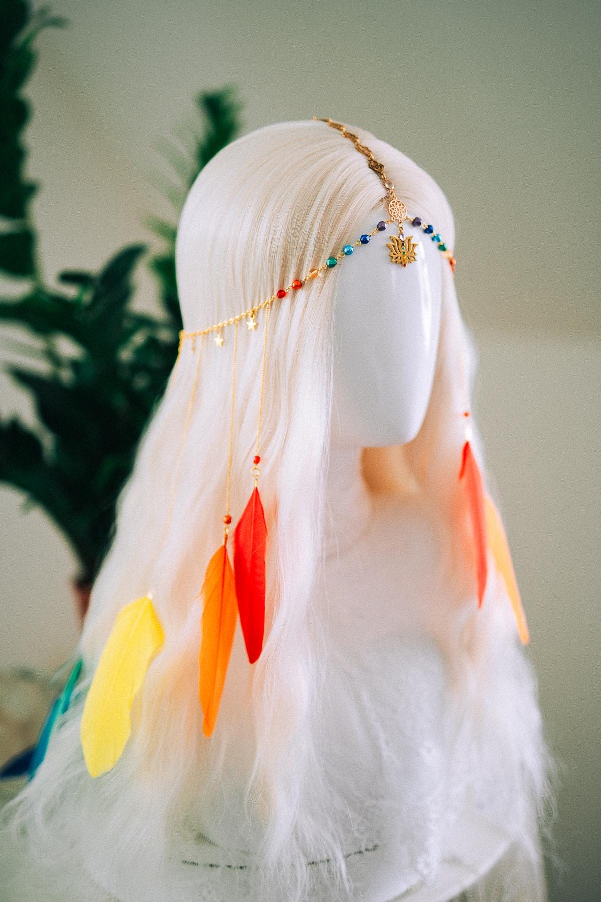 Rainbow Chakra Feather Headpiece Celestial Festival Crown