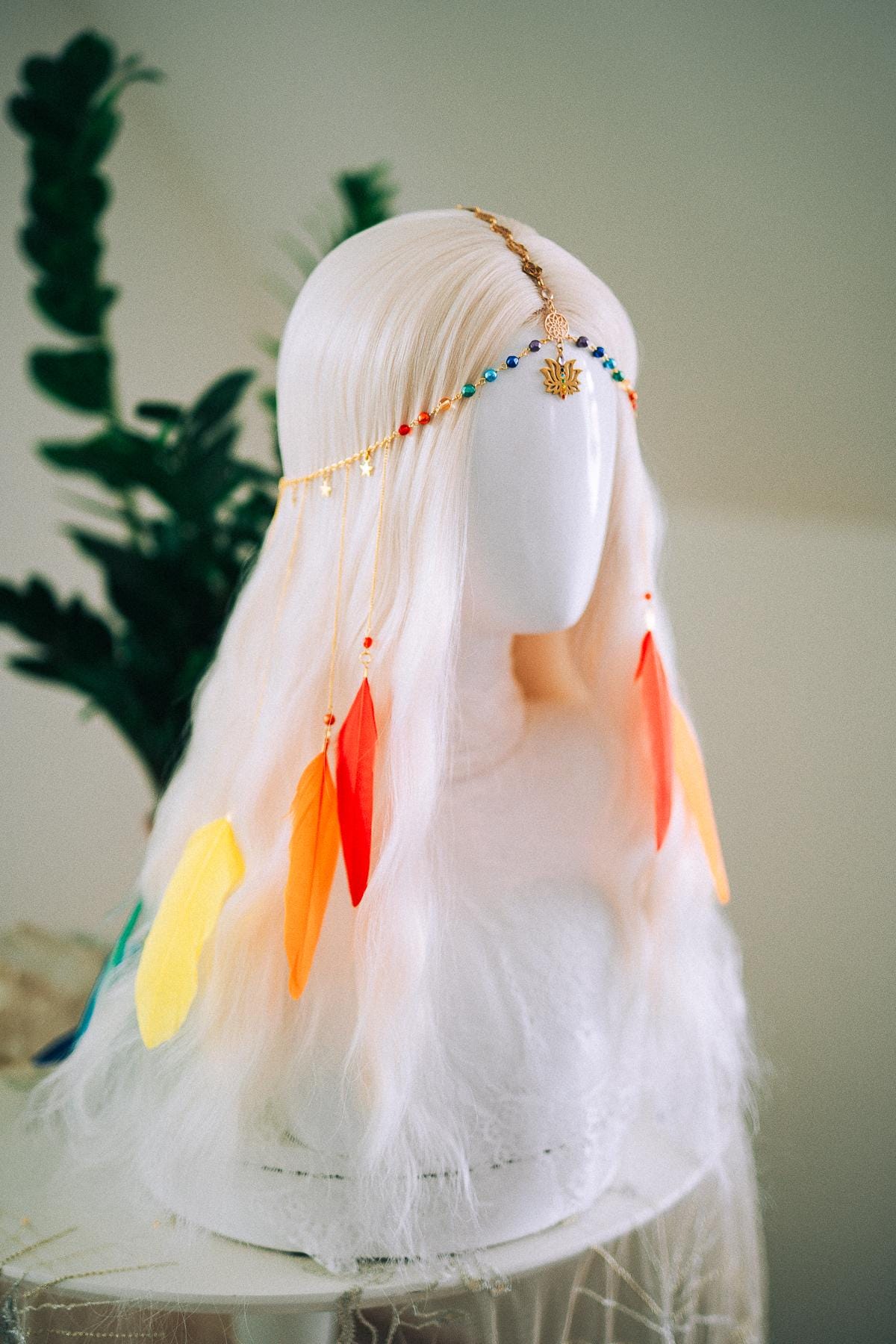 Rainbow Chakra Feather Headpiece Celestial Festival Crown