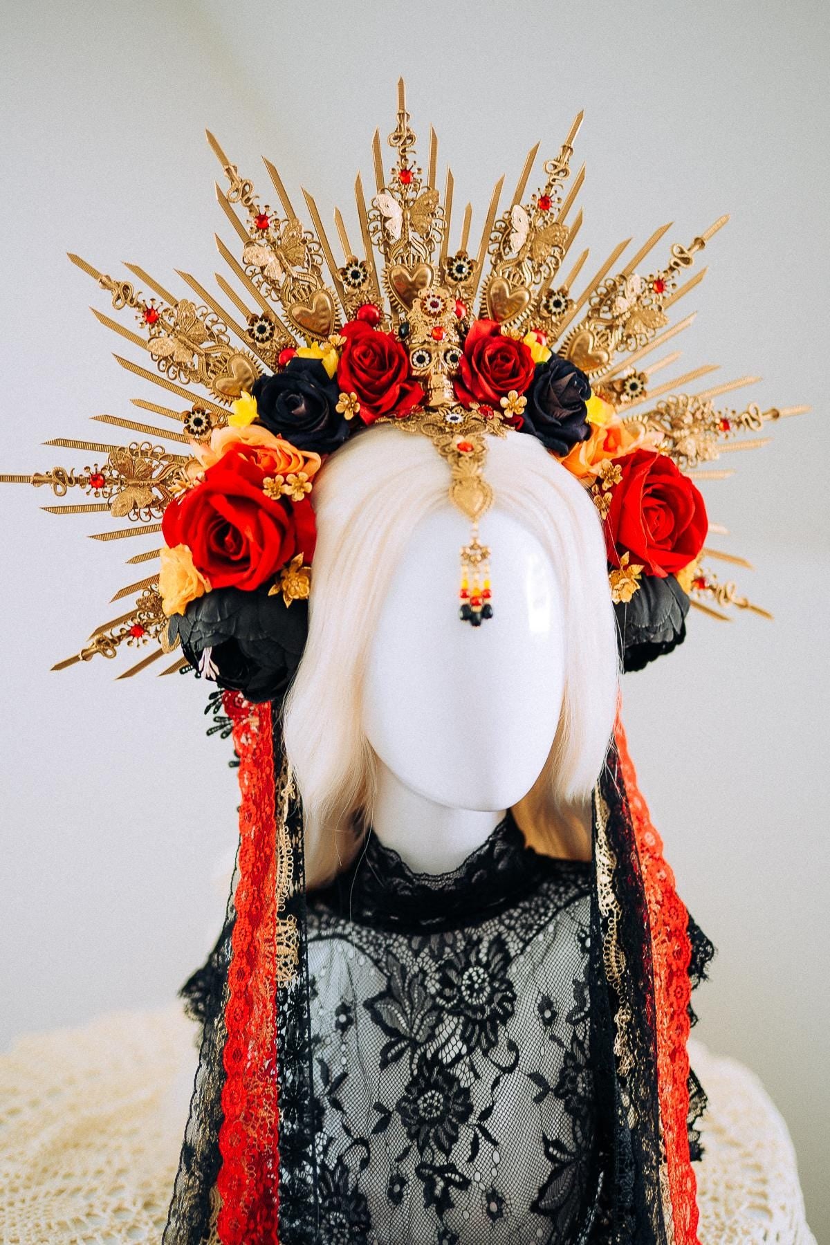 La Catrina Sacred Heart Halo Crown Day Of The Dead Inspired Mexican Flower Crown