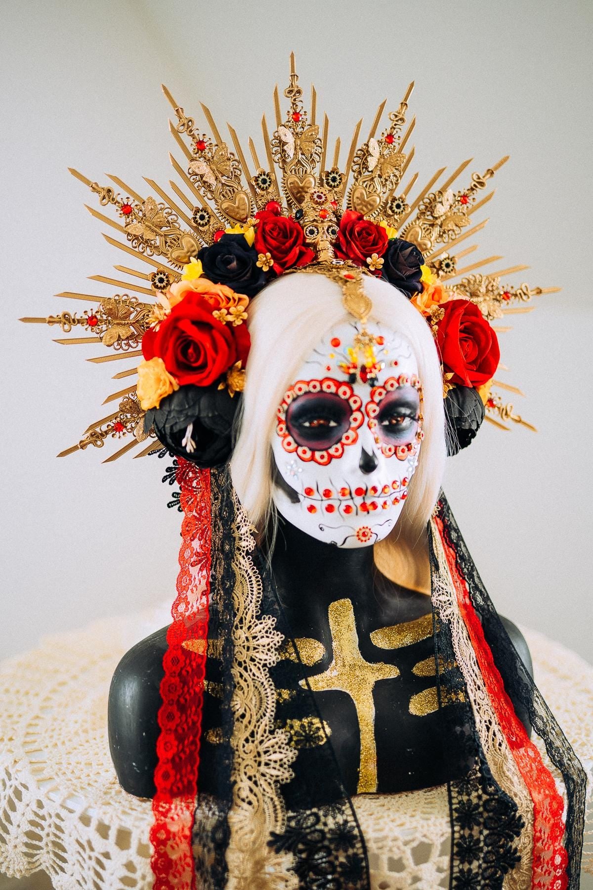 La Catrina Sacred Heart Halo Crown Day Of The Dead Inspired Mexican Flower Crown