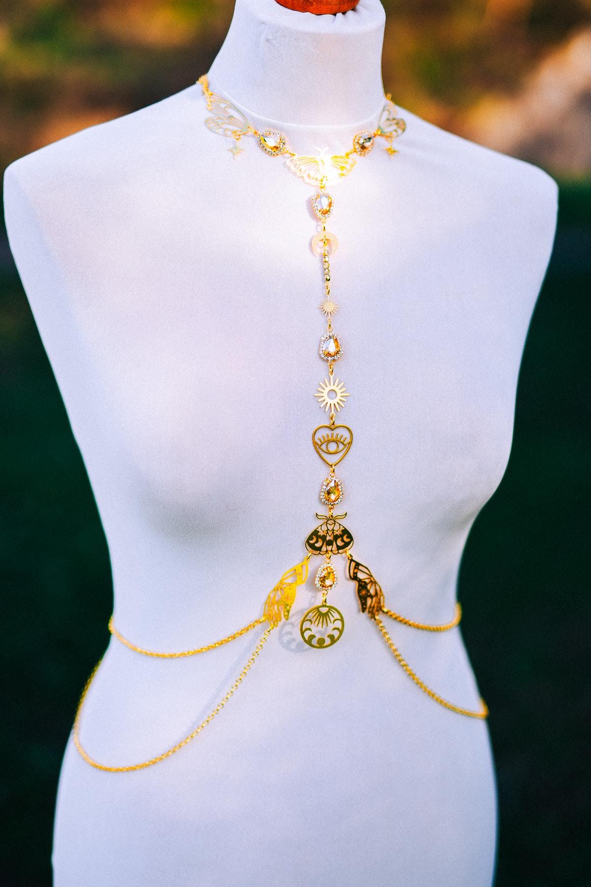 Celestial Moth Goddess Harness Gold Body Chain Sacred Sun Moon Festival Jewelry