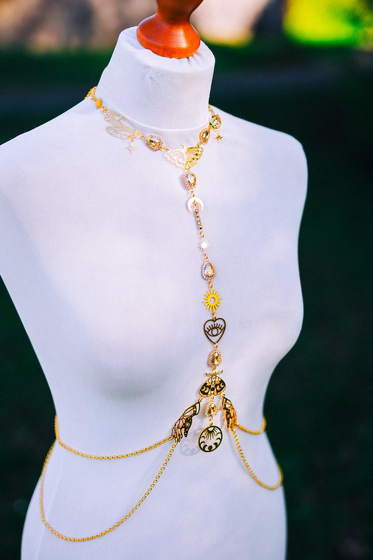 Celestial Moth Goddess Harness Gold Body Chain Sacred Sun Moon Festival Jewelry