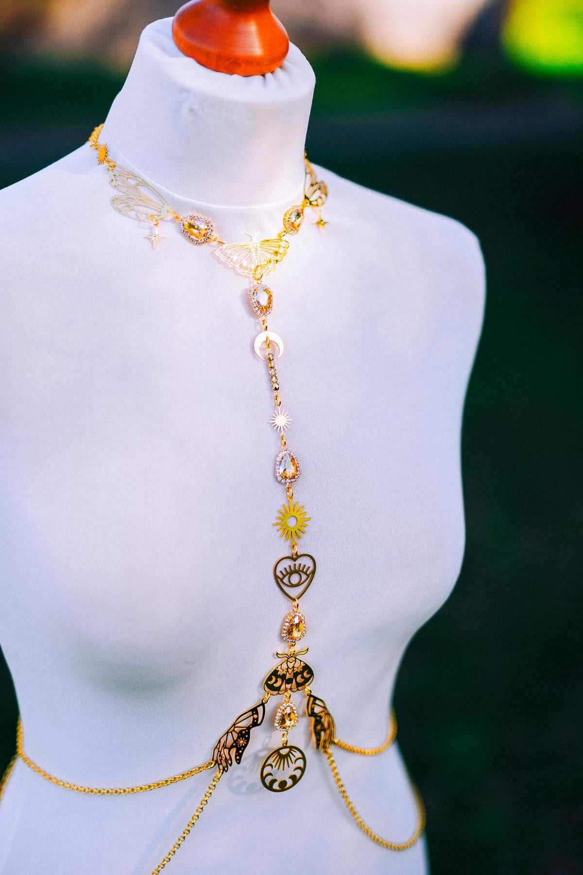 Celestial Moth Goddess Harness Gold Body Chain Sacred Sun Moon Festival Jewelry