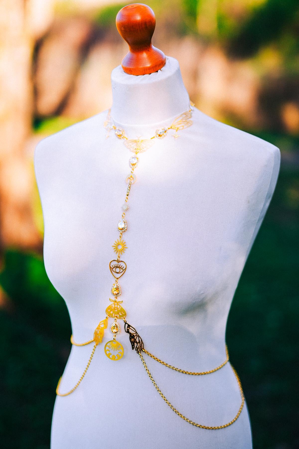 Celestial Moth Goddess Harness Gold Body Chain Sacred Sun Moon Festival Jewelry