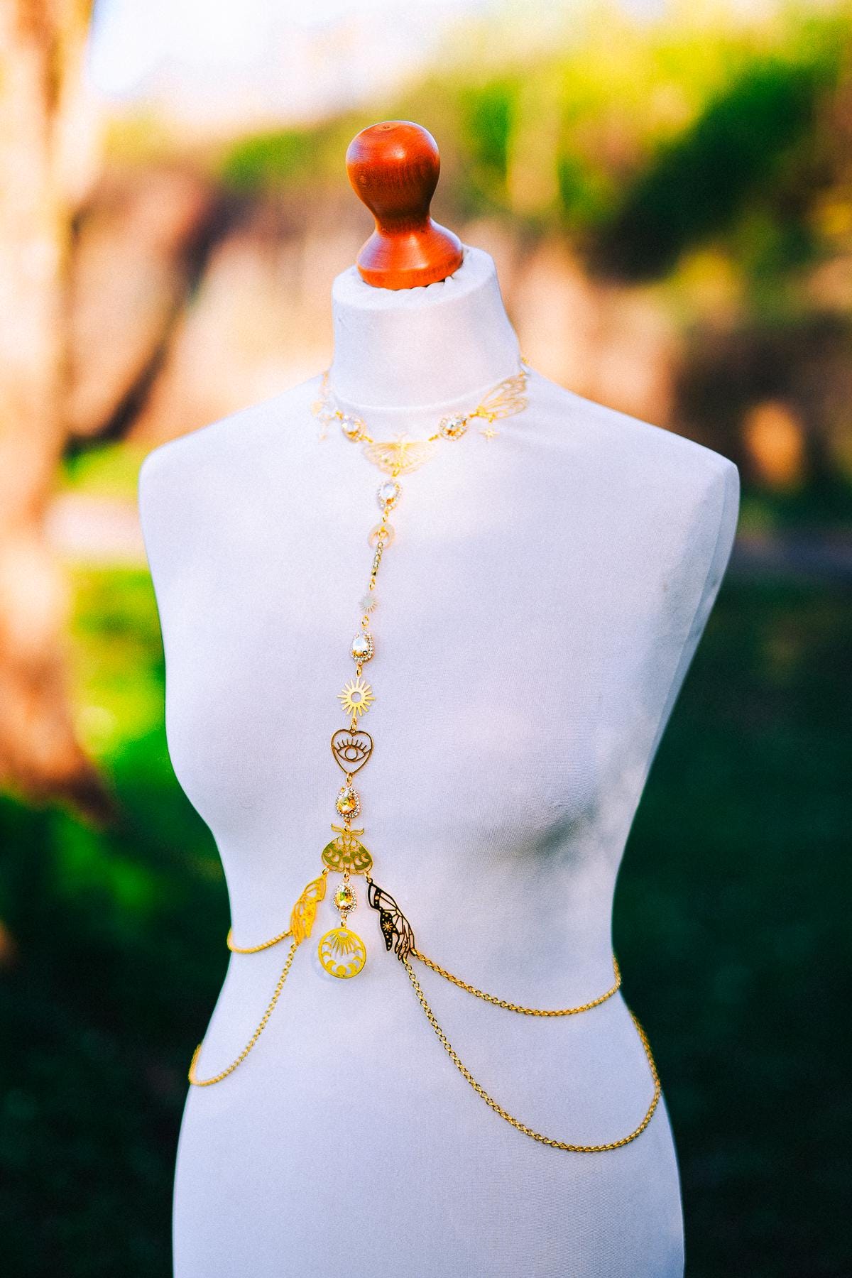 Celestial Moth Goddess Harness Gold Body Chain Sacred Sun Moon Festival Jewelry