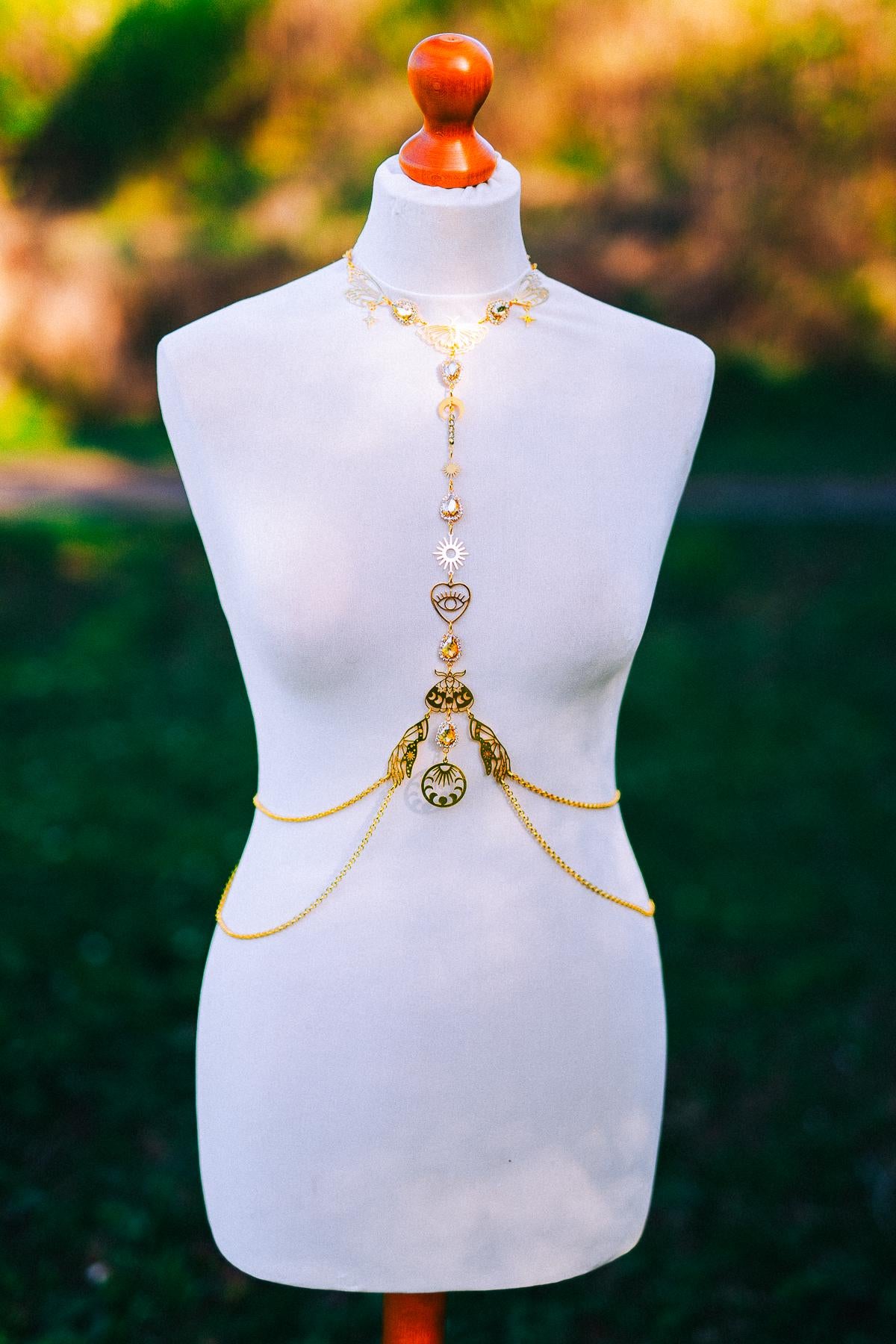 Celestial Moth Goddess Harness Gold Body Chain Sacred Sun Moon Festival Jewelry