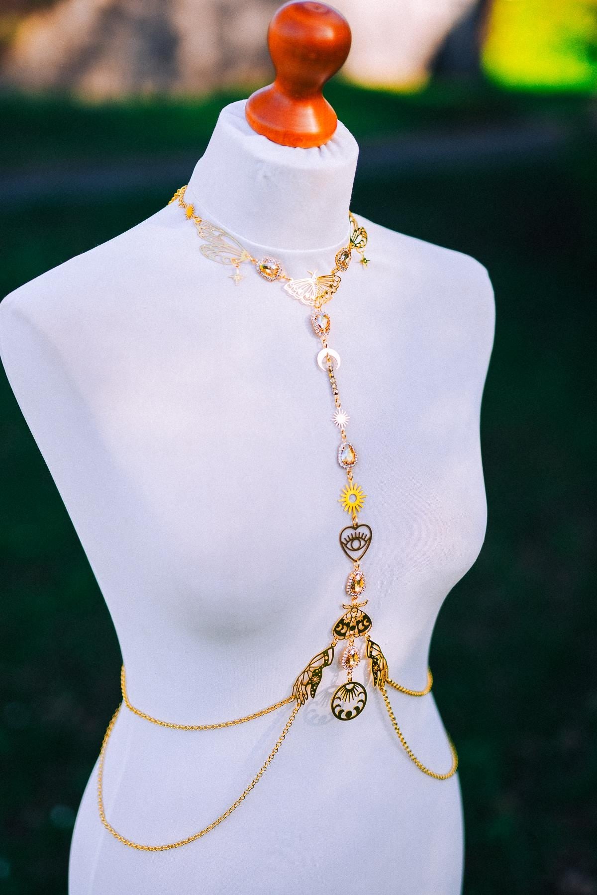 Celestial Moth Goddess Harness Gold Body Chain Sacred Sun Moon Festival Jewelry