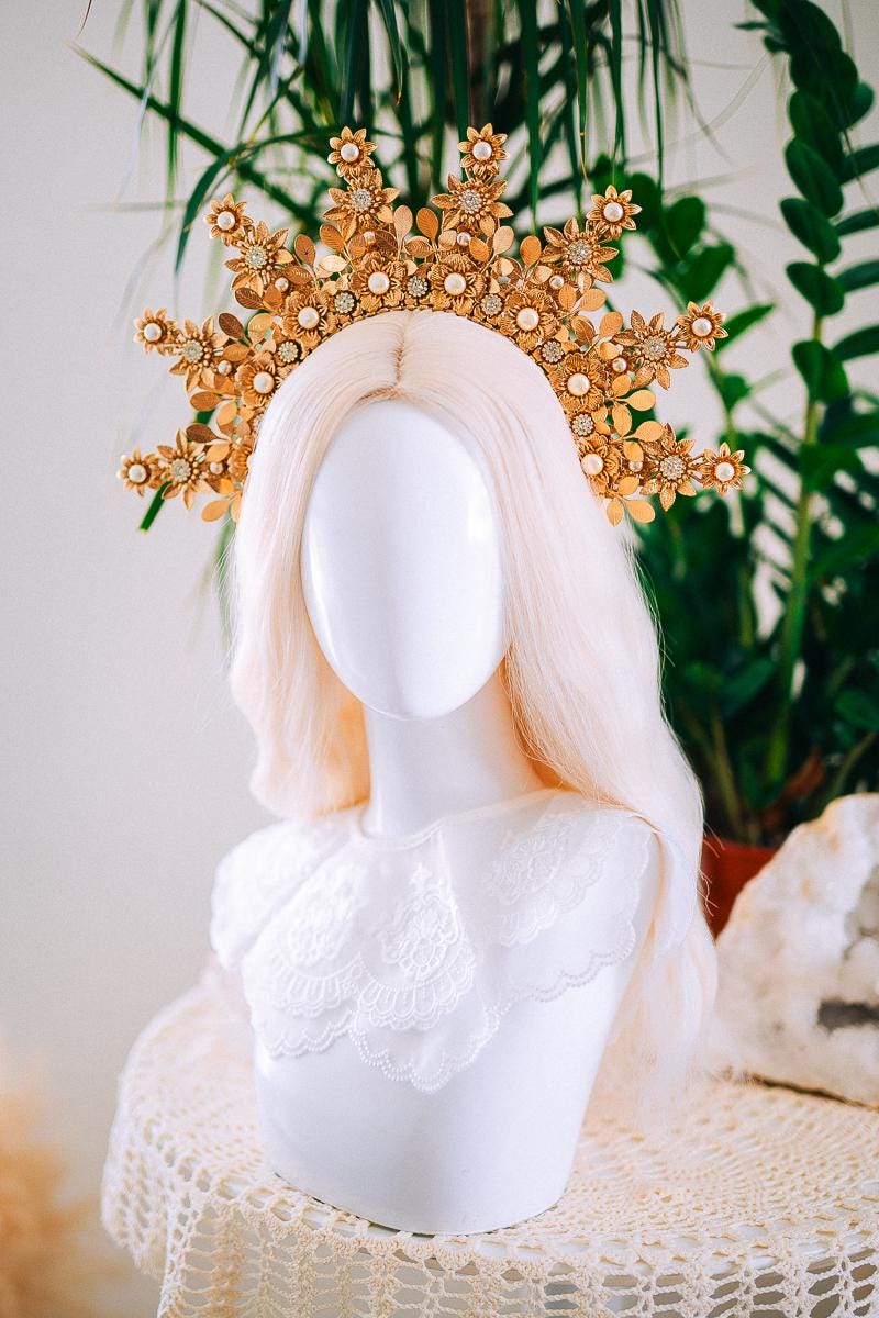 Golden Floral Halo Crown Bridal Headpiece Wedding Crown Goddess Tiara