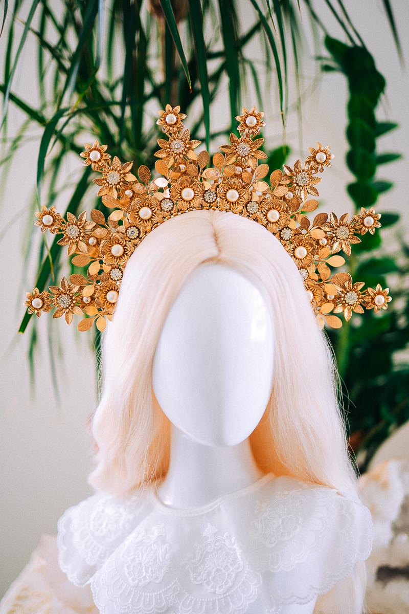 Golden Floral Halo Crown Bridal Headpiece Wedding Crown Goddess Tiara