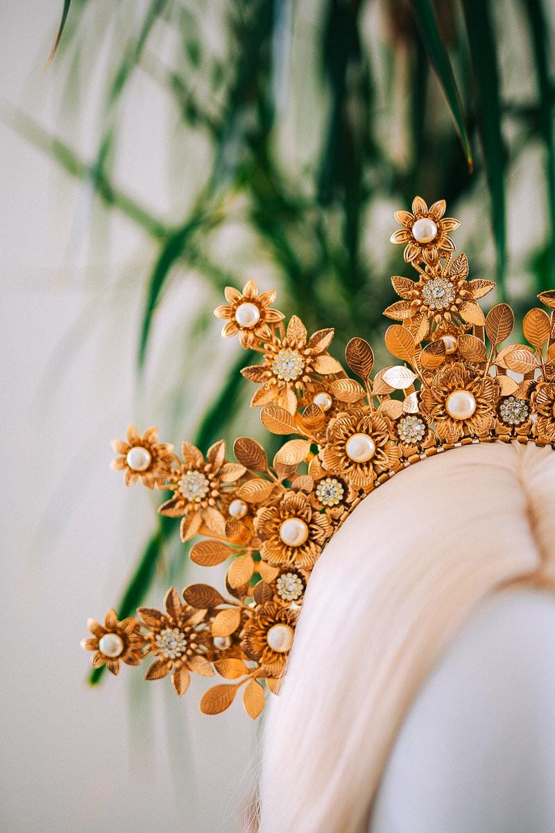 Golden Floral Halo Crown Bridal Headpiece Wedding Crown Goddess Tiara