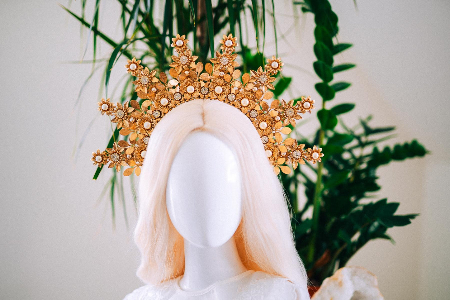 Golden Floral Halo Crown Bridal Headpiece Wedding Crown Goddess Tiara