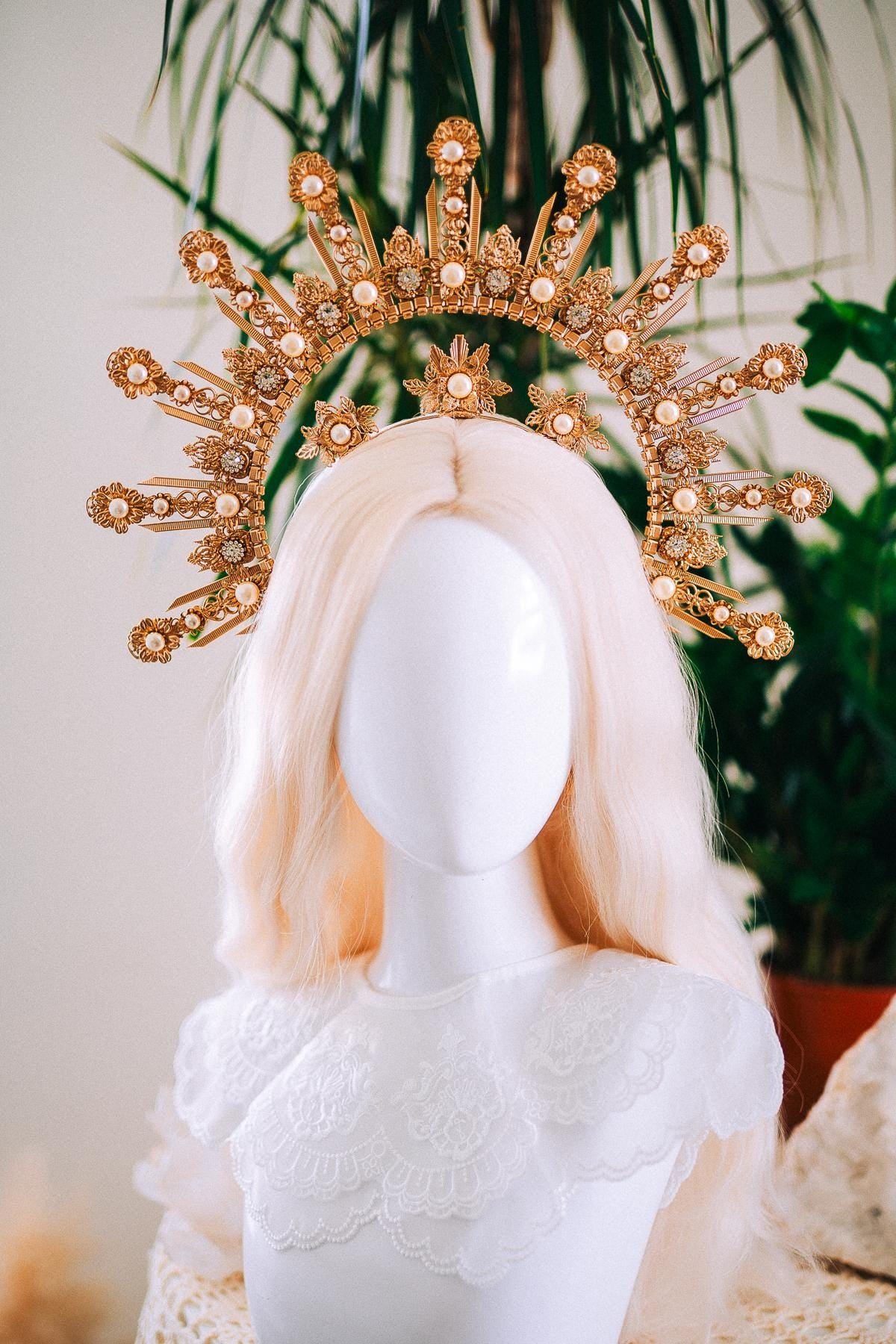 Celestial Halo Crown Gold Bridal Crown Wedding Headpiece Goddess Tiara Sun Halo Crown