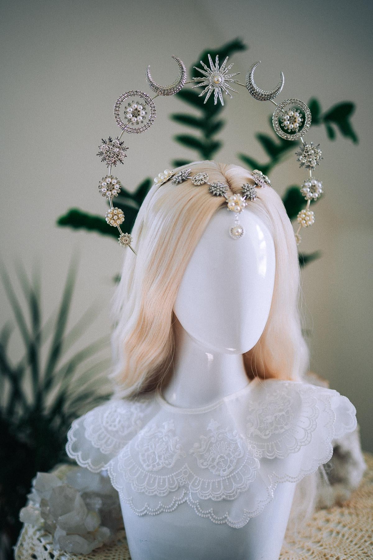 Silver Moonchild Halo Crown Celestial Bridal Crown Moon Goddess Headpiece Lunar Wedding Crown