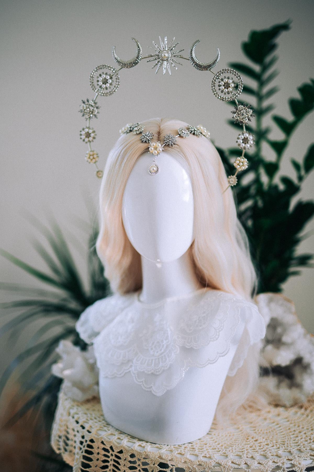Silver Moonchild Halo Crown Celestial Bridal Crown Moon Goddess Headpiece Lunar Wedding Crown