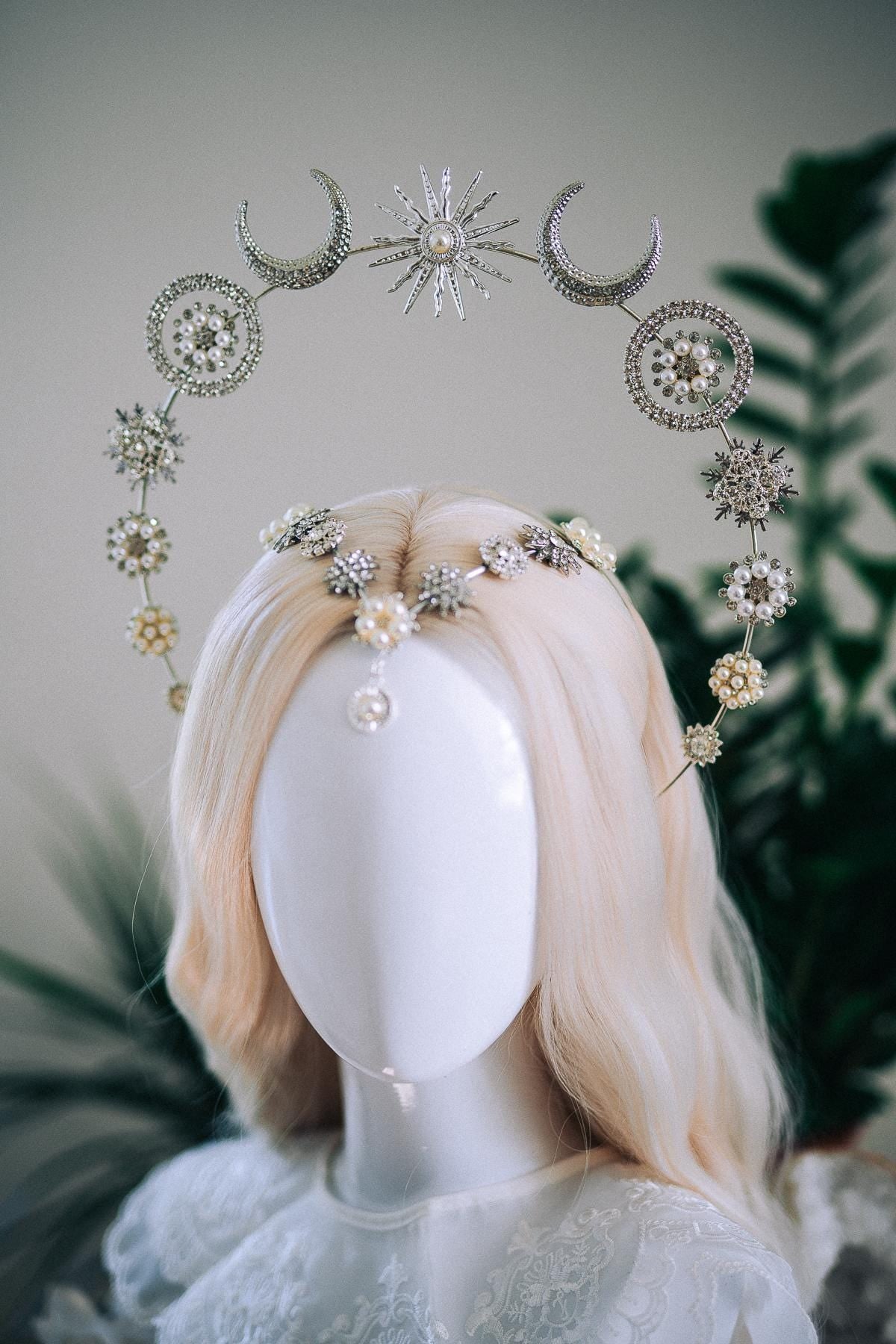 Silver Moonchild Halo Crown Celestial Bridal Crown Moon Goddess Headpiece Lunar Wedding Crown