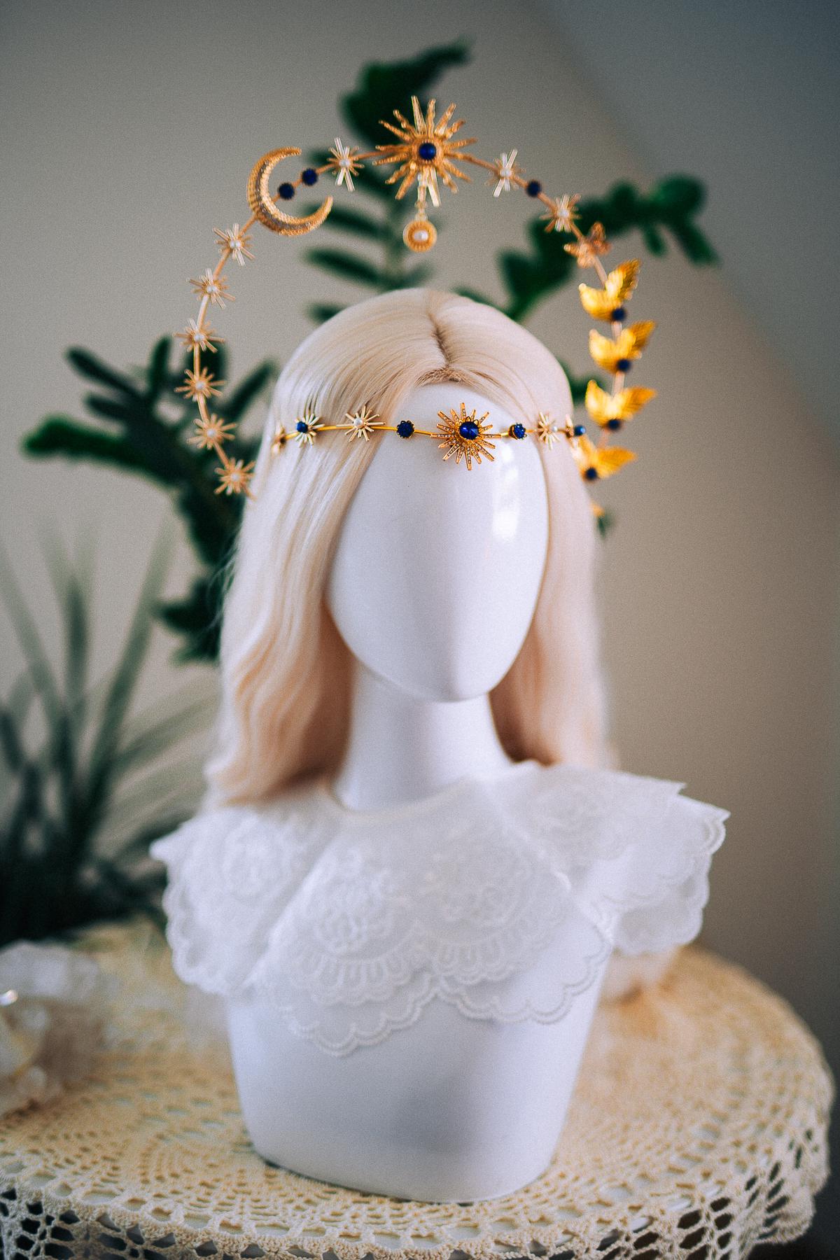 Celestial Moon Goddess Halo Crown Gold Moon Crown Sun And Moon Headpiece Lunar Wedding Crown