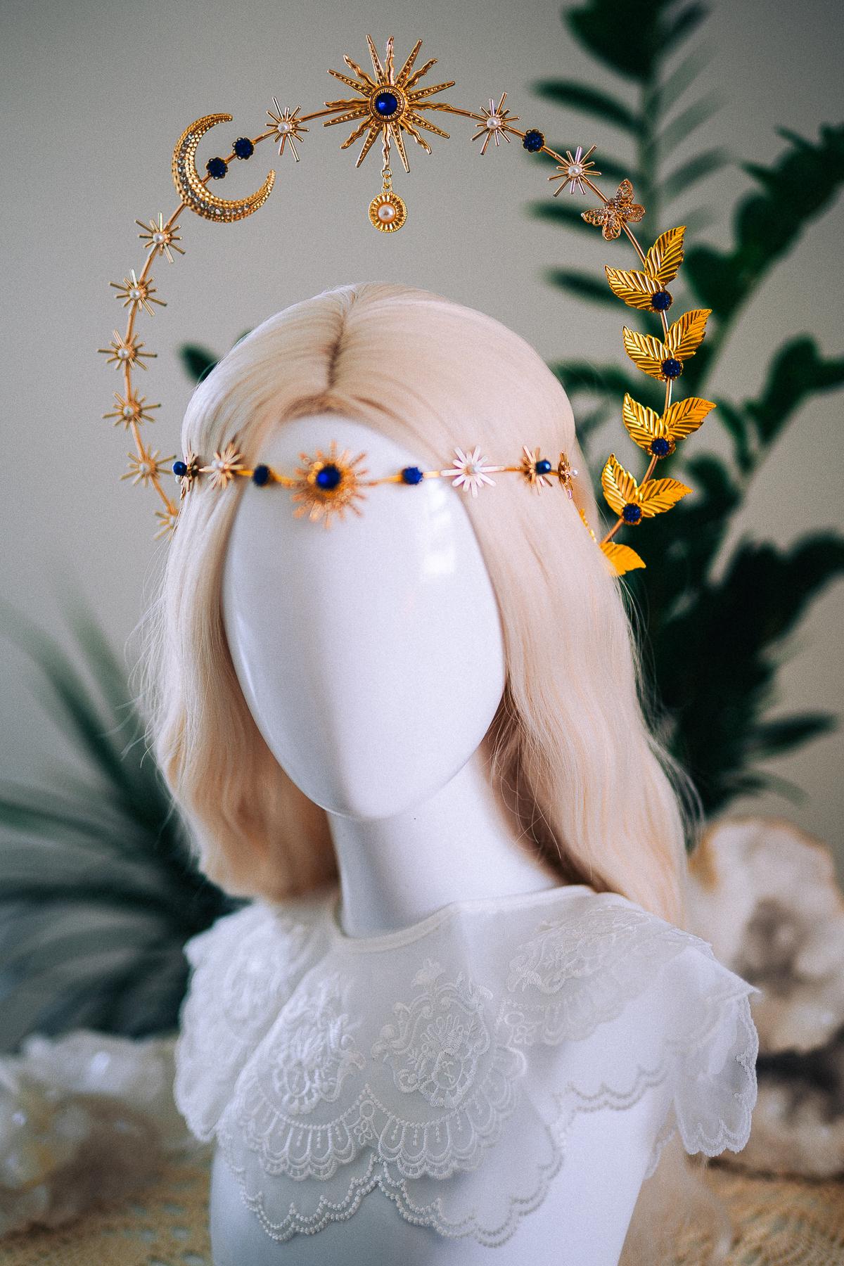 Celestial Moon Goddess Halo Crown Gold Moon Crown Sun And Moon Headpiece Lunar Wedding Crown