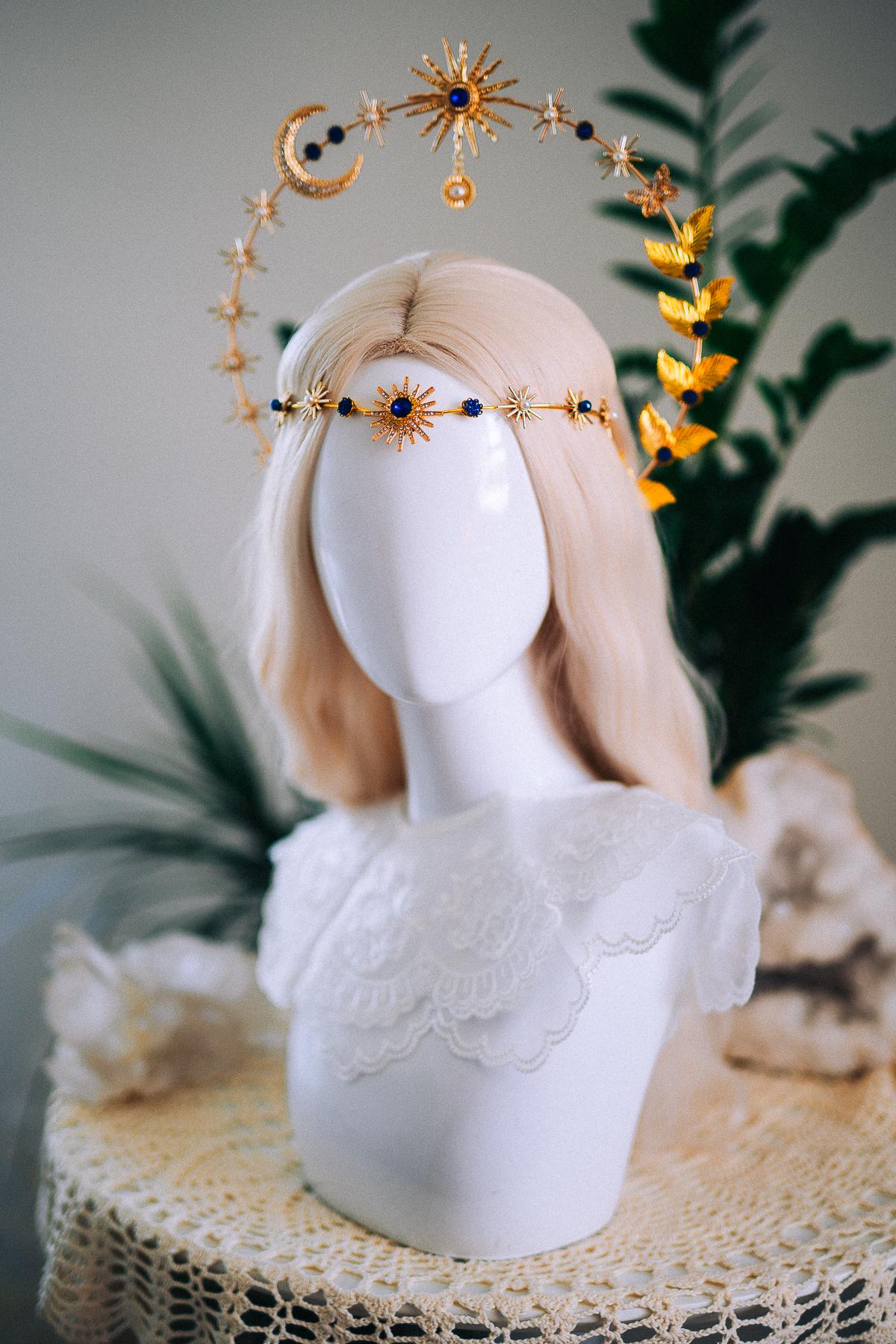 Celestial Moon Goddess Halo Crown Gold Moon Crown Sun And Moon Headpiece Lunar Wedding Crown