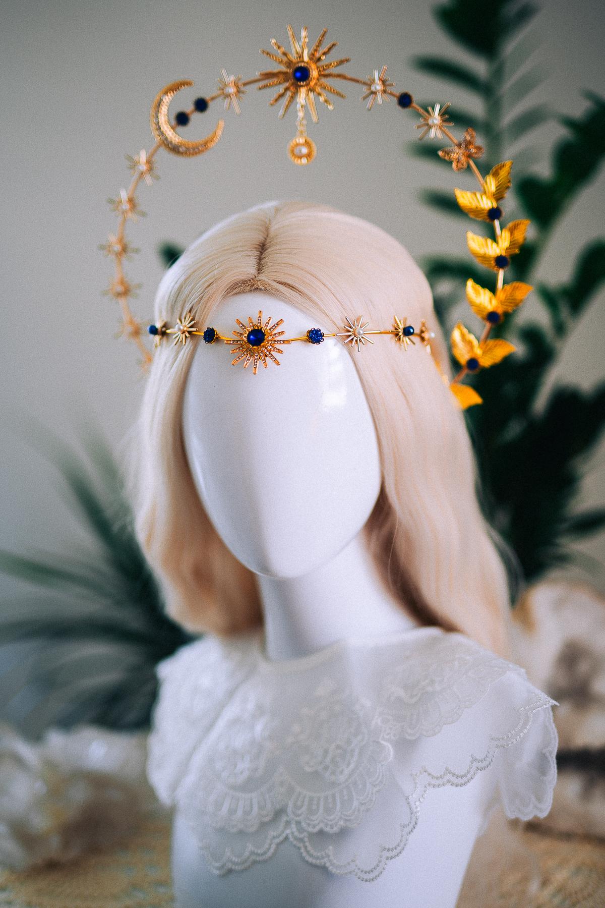 Celestial Moon Goddess Halo Crown Gold Moon Crown Sun And Moon Headpiece Lunar Wedding Crown