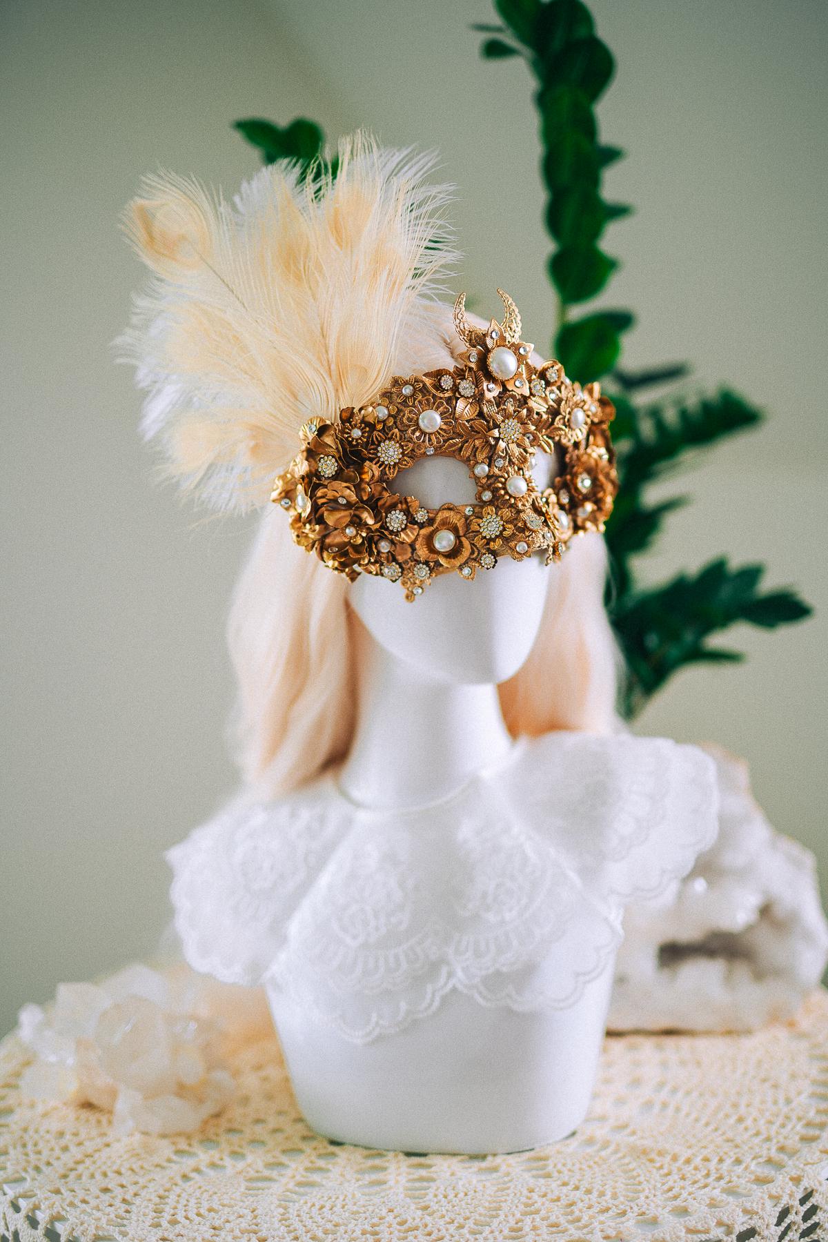 Golden Pearl Masquerade Mask: Venetian Feather Goddess Bridal Accessory