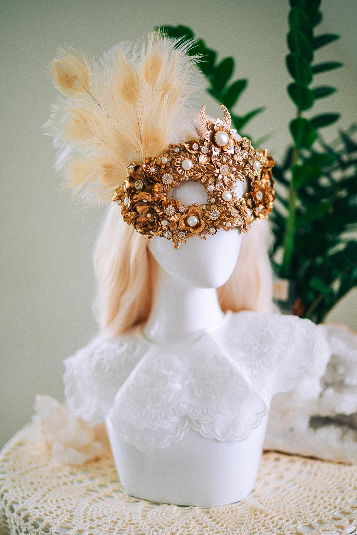 Golden Pearl Masquerade Mask: Venetian Feather Goddess Bridal Accessory