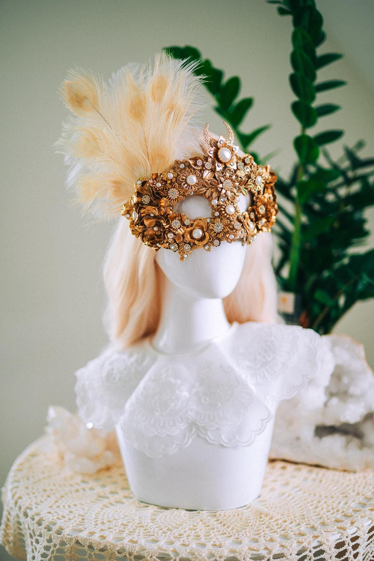 Golden Pearl Masquerade Mask: Venetian Feather Goddess Bridal Accessory