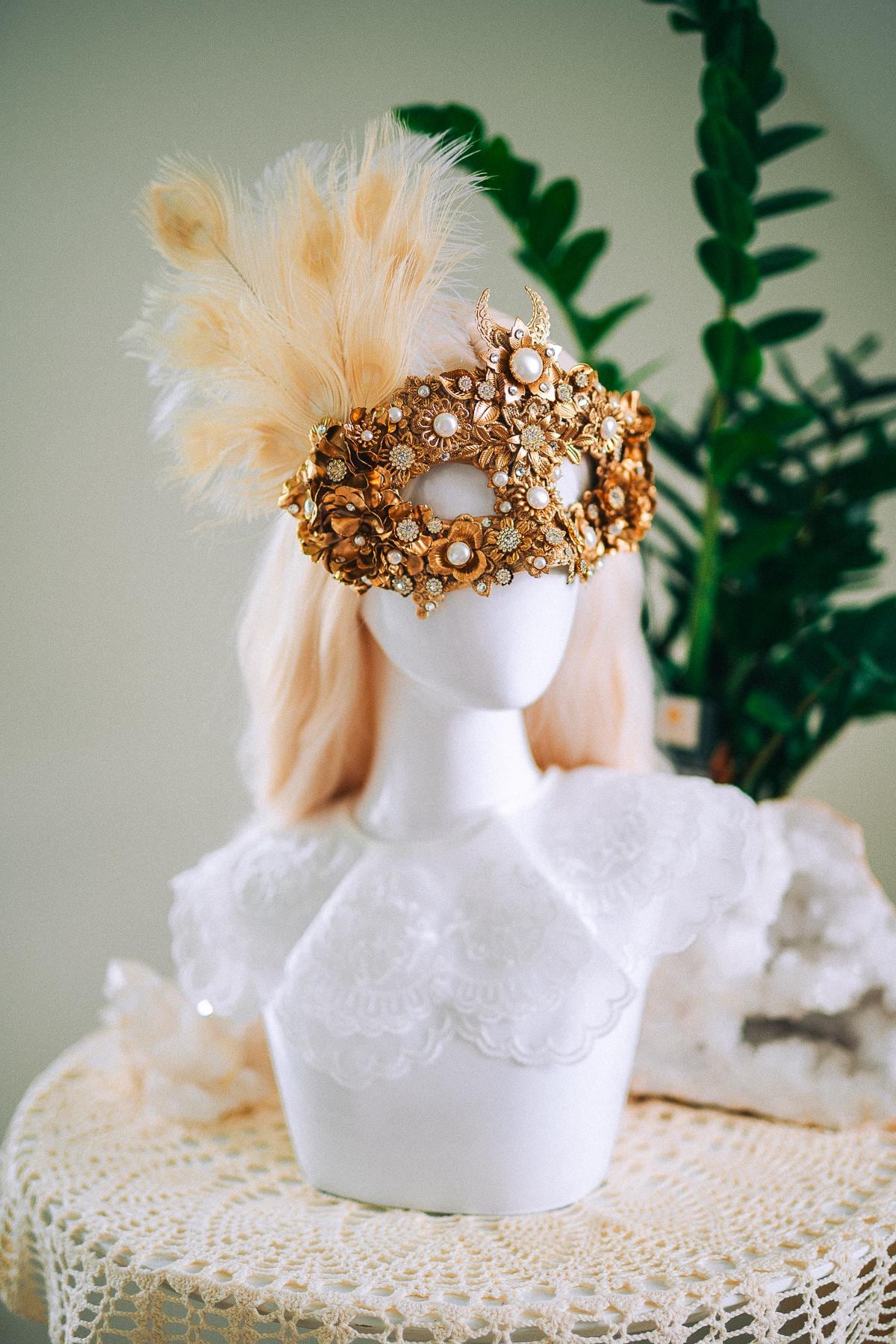 Golden Pearl Masquerade Mask: Venetian Feather Goddess Bridal Accessory