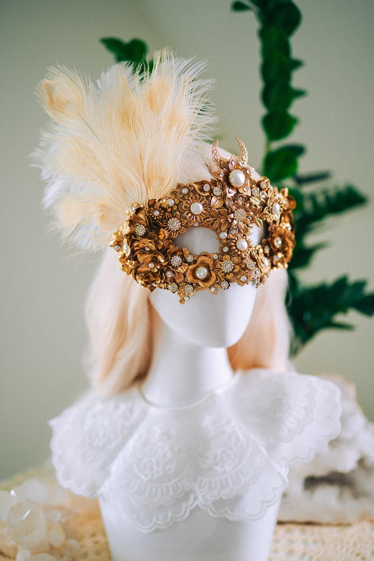 Golden Pearl Masquerade Mask: Venetian Feather Goddess Bridal Accessory