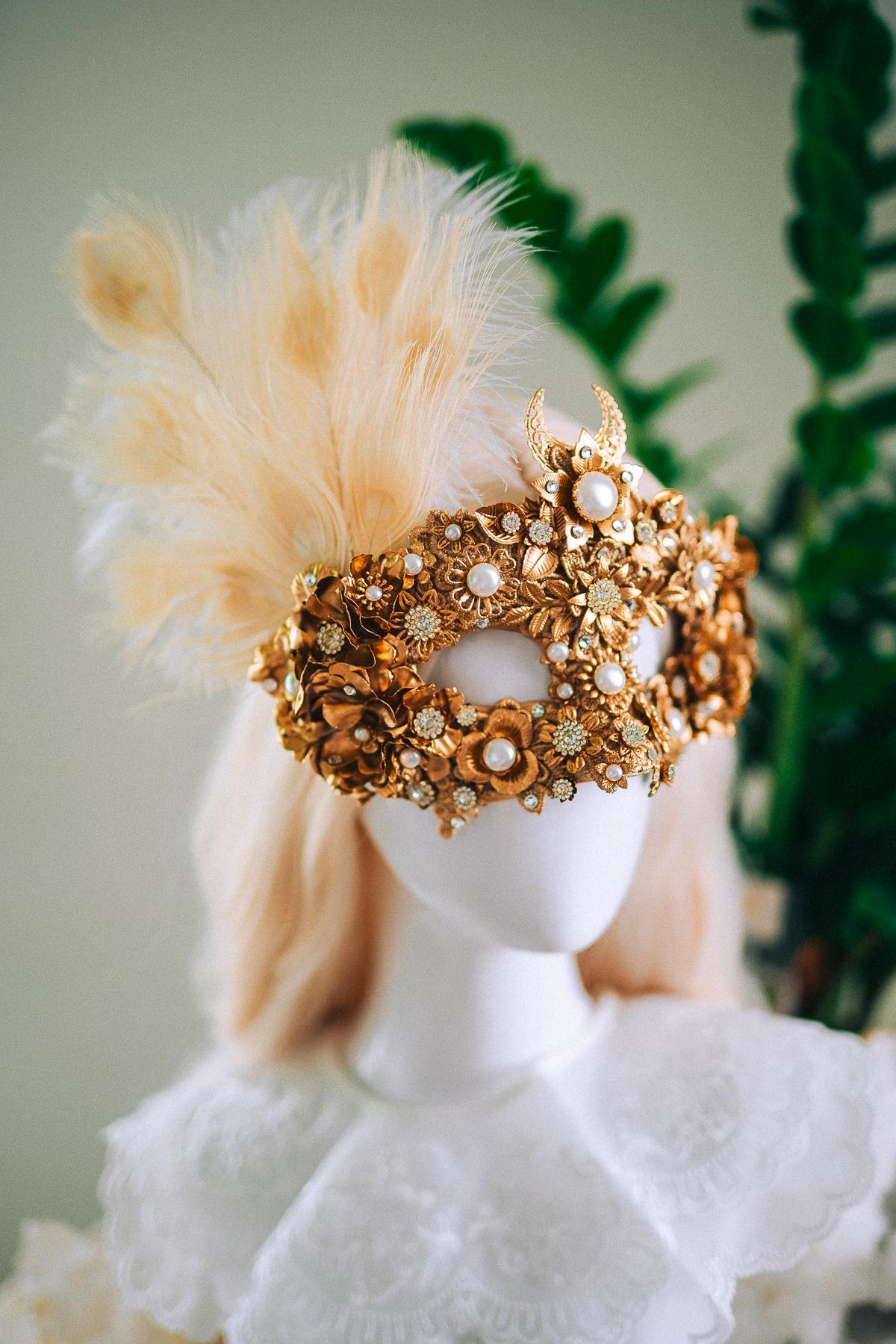 Golden Pearl Masquerade Mask: Venetian Feather Goddess Bridal Accessory