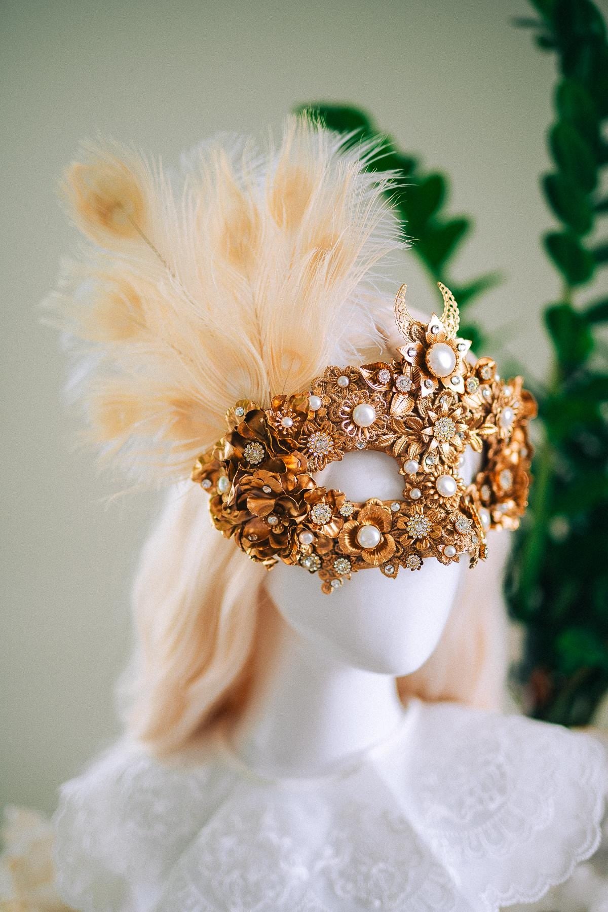 Golden Pearl Masquerade Mask: Venetian Feather Goddess Bridal Accessory