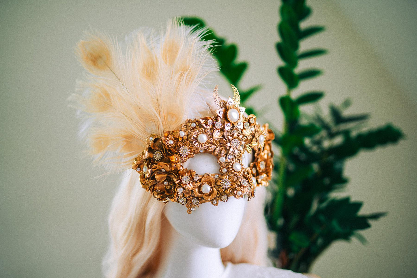 Golden Pearl Masquerade Mask: Venetian Feather Goddess Bridal Accessory